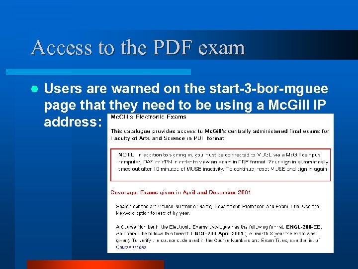 Access to the PDF exam l Users are warned on the start-3 -bor-mguee page