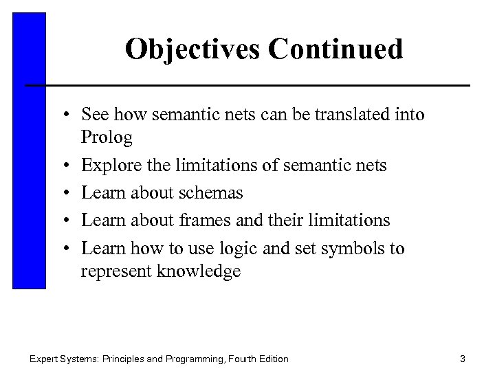 Objectives Continued • See how semantic nets can be translated into Prolog • Explore