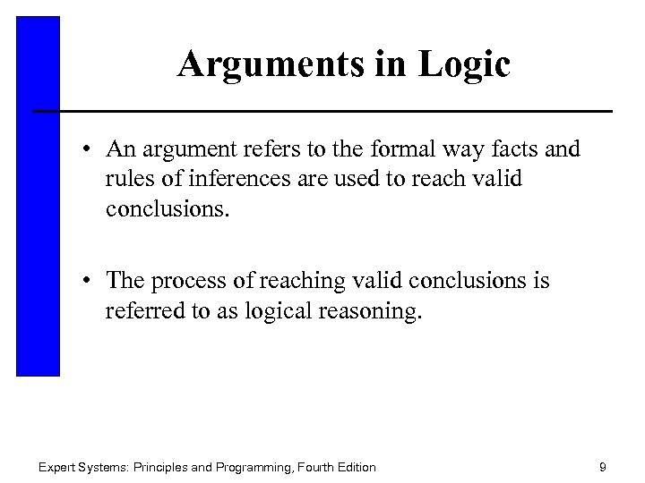 Arguments in Logic • An argument refers to the formal way facts and rules