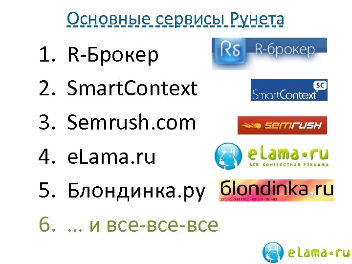 Основные сервисы Рунета 1. 2. 3. 4. 5. 6. R-Брокер Smart. Context Semrush. com