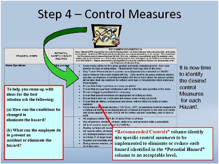 Step 4 – Control Measures To help you come up with ideas for the