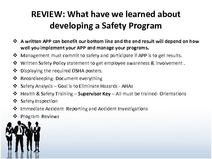 REVIEW: What have we learned about developing a Safety Program v A written APP