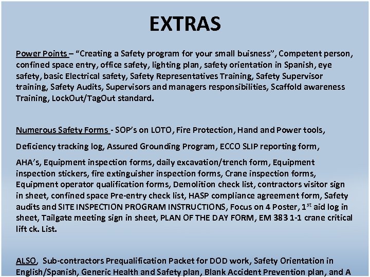 EXTRAS Power Points – “Creating a Safety program for your small buisness”, Competent person,