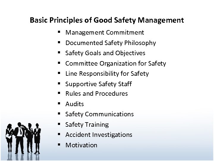 Basic Principles of Good Safety Management § § § Management Commitment Documented Safety Philosophy