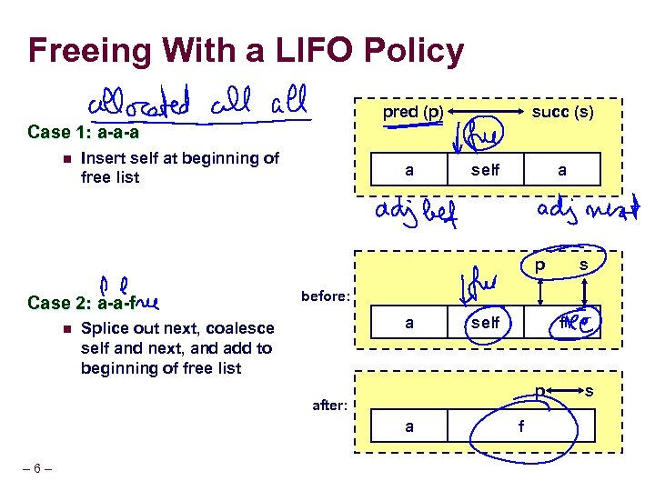 Freeing With a LIFO Policy pred (p) succ (s) Case 1: a-a-a n Insert