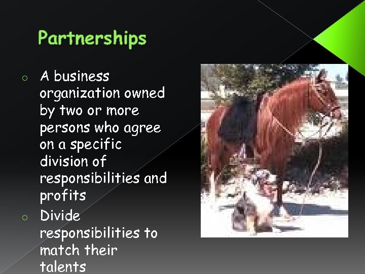 Partnerships A business organization owned by two or more persons who agree on a