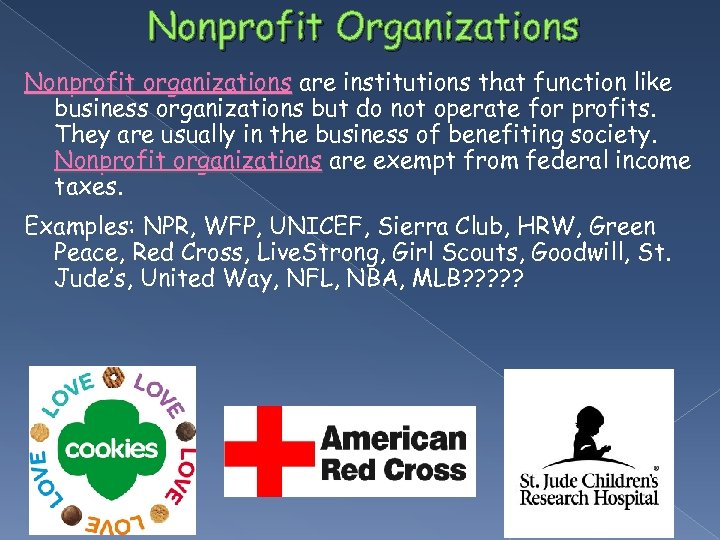 Nonprofit Organizations Nonprofit organizations are institutions that function like business organizations but do not
