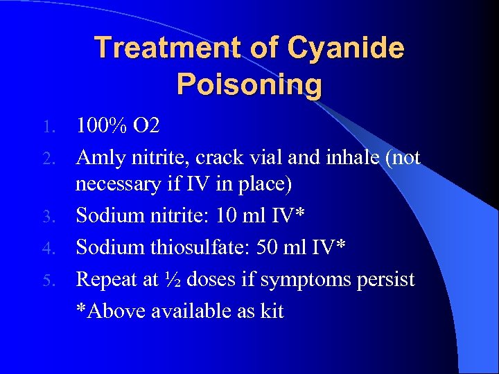 Treatment of Cyanide Poisoning 1. 2. 3. 4. 5. 100% O 2 Amly nitrite,