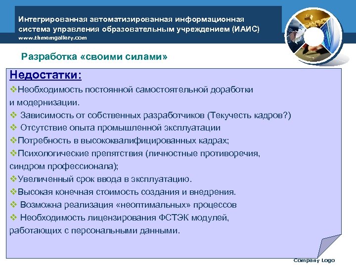 Интегрированная автоматизированная информационная система управления образовательным учреждением (ИАИС) www. thmemgallery. com Разработка «своими силами»