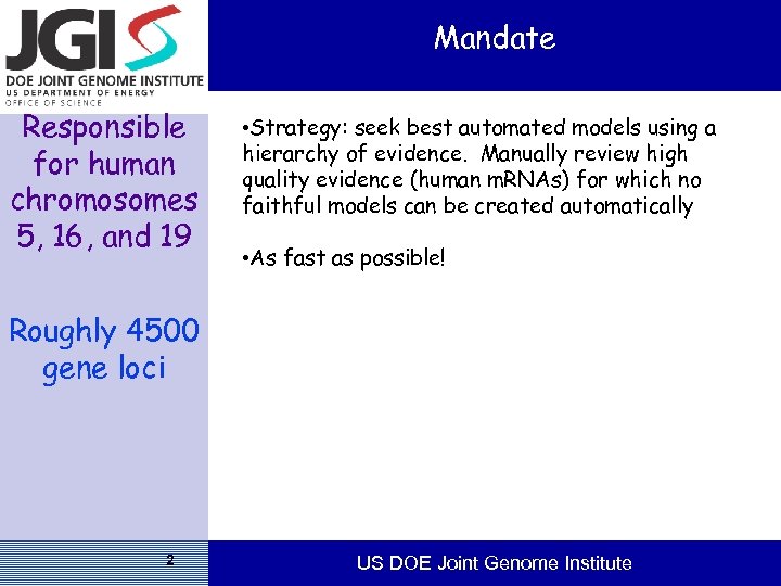 Mandate Responsible for human chromosomes 5, 16, and 19 • Strategy: seek best automated