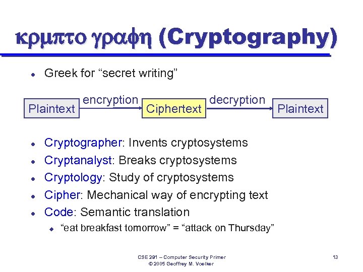 krmpto graf (Cryptography) l Greek for “secret writing” Plaintext l l l encryption Ciphertext