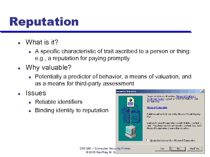 Reputation l What is it? u l Why valuable? u l A specific characteristic