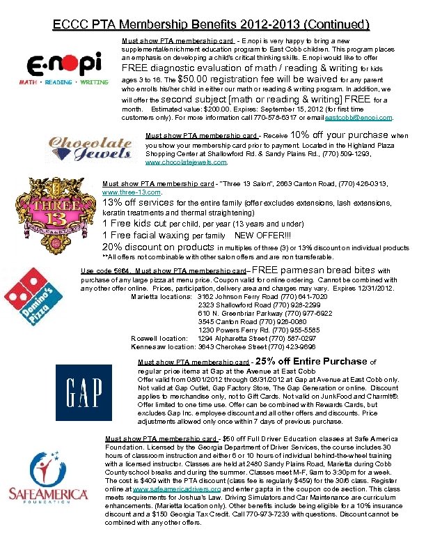 East Cobb County Council Membership Benefits 2012 2013