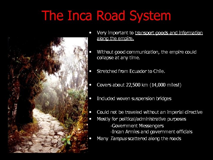 The Inca Road System • Very important to transport goods and information along the