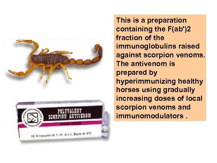 This is a preparation containing the F(ab')2 fraction of the immunoglobulins raised against scorpion