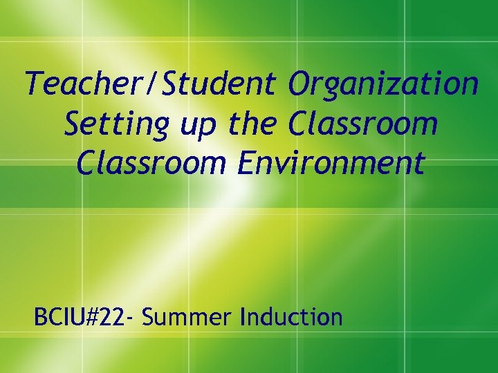 Teacher/Student Organization Setting up the Classroom Environment BCIU#22 - Summer Induction 