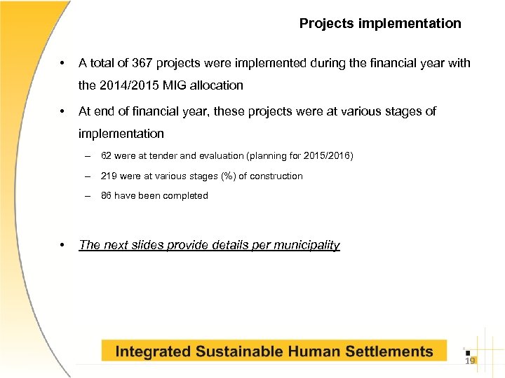 Projects implementation • A total of 367 projects were implemented during the financial year