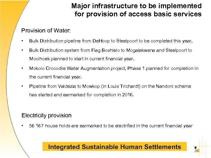 Major infrastructure to be implemented for provision of access basic services Provision of Water: