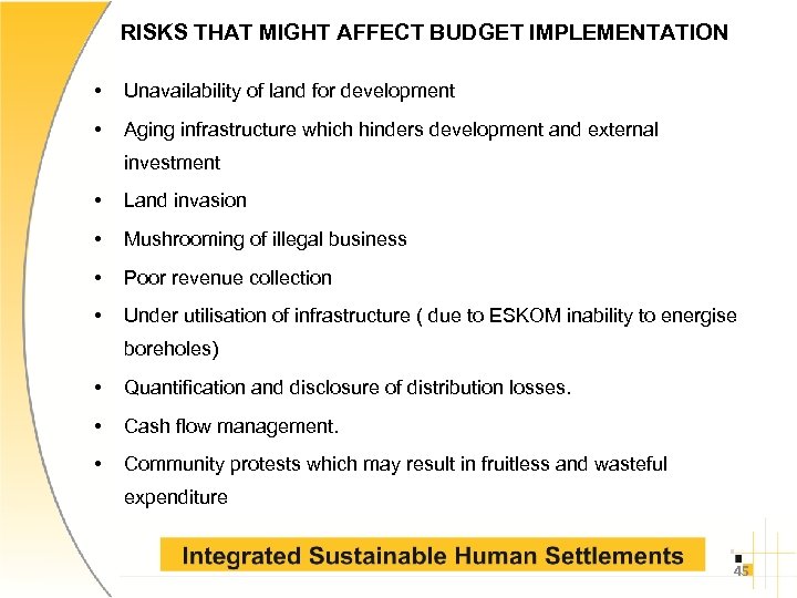 RISKS THAT MIGHT AFFECT BUDGET IMPLEMENTATION • Unavailability of land for development • Aging