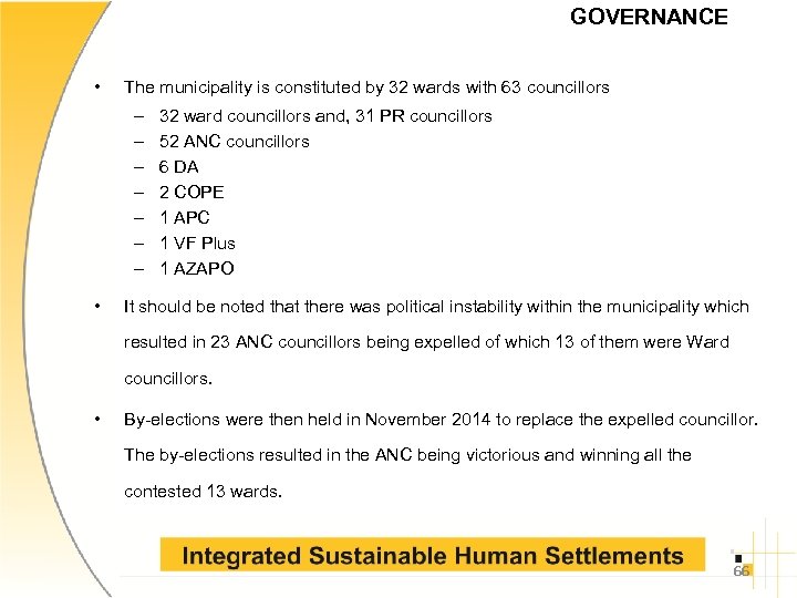 GOVERNANCE • The municipality is constituted by 32 wards with 63 councillors – –