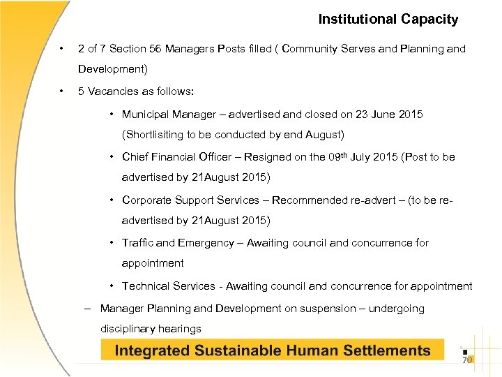 Institutional Capacity • 2 of 7 Section 56 Managers Posts filled ( Community Serves