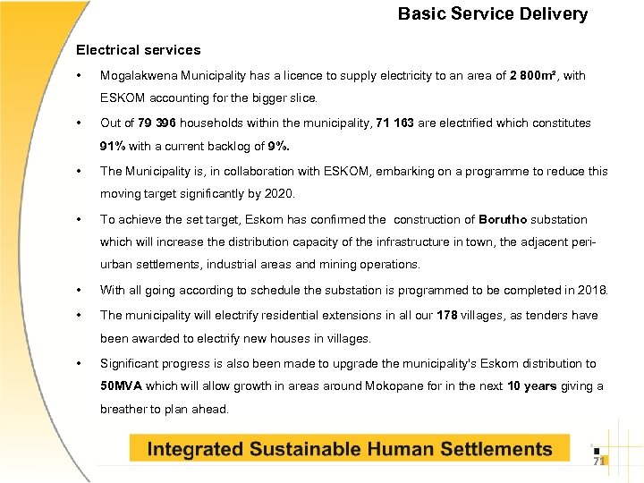 Basic Service Delivery Electrical services • Mogalakwena Municipality has a licence to supply electricity