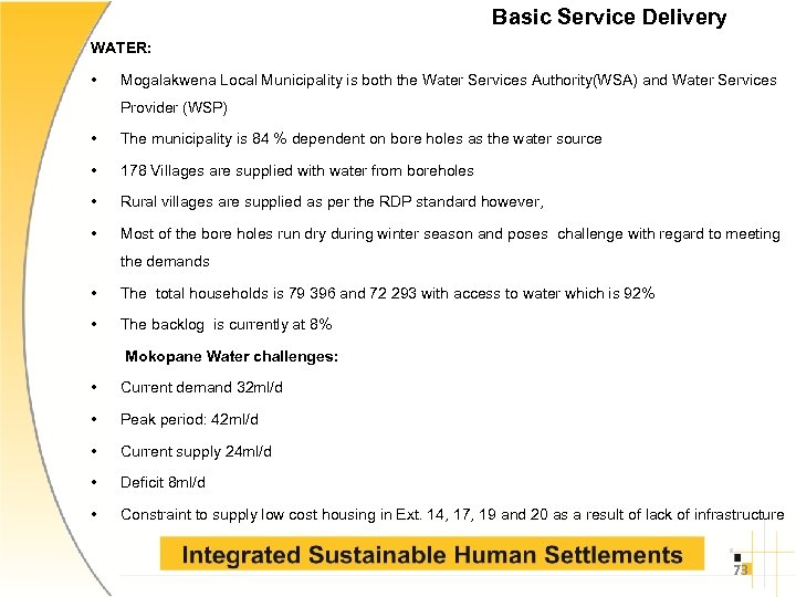 Basic Service Delivery WATER: • Mogalakwena Local Municipality is both the Water Services Authority(WSA)