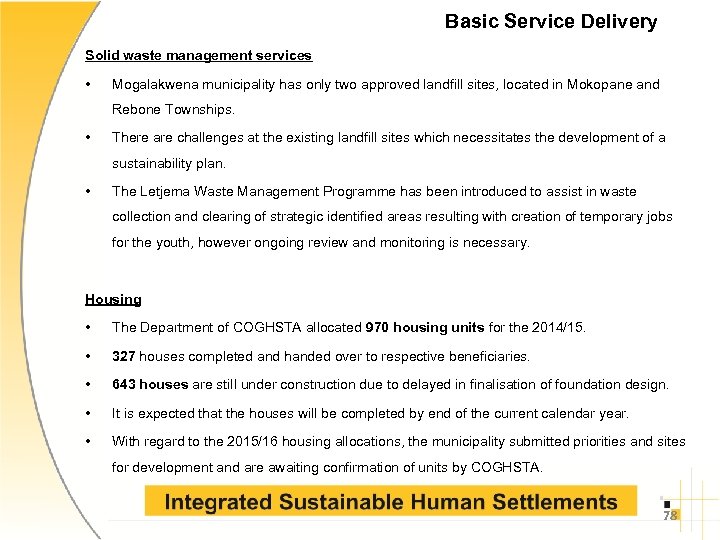 Basic Service Delivery Solid waste management services • Mogalakwena municipality has only two approved