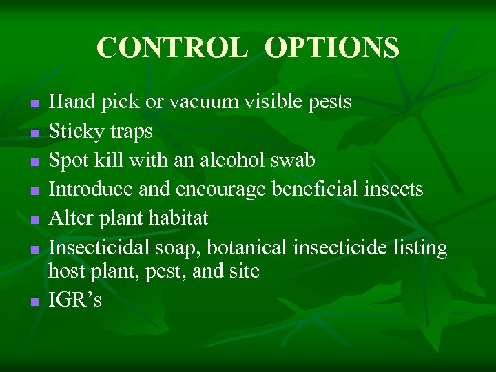 CONTROL OPTIONS n n n n Hand pick or vacuum visible pests Sticky traps