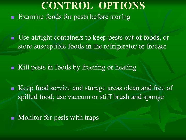 CONTROL OPTIONS n n n Examine foods for pests before storing Use airtight containers