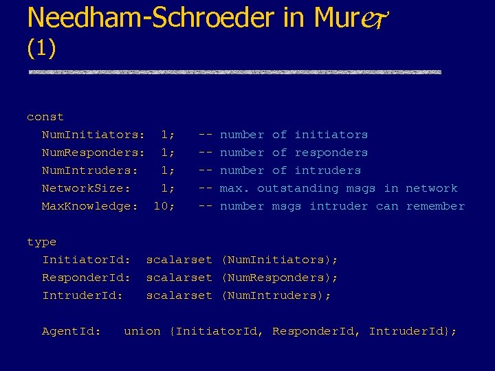 Needham-Schroeder in Murj (1) const Num. Initiators: 1; Num. Responders: 1; Num. Intruders: 1;