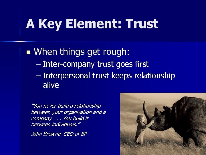 A Key Element: Trust n When things get rough: – Inter-company trust goes first