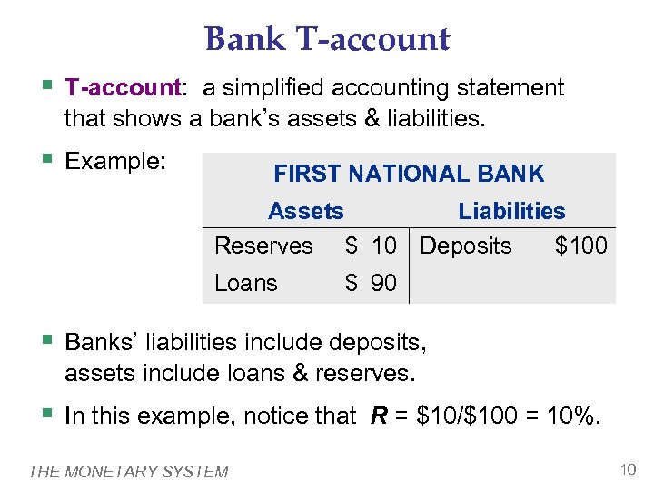 Bank T-account § T-account: a simplified accounting statement that shows a bank’s assets &