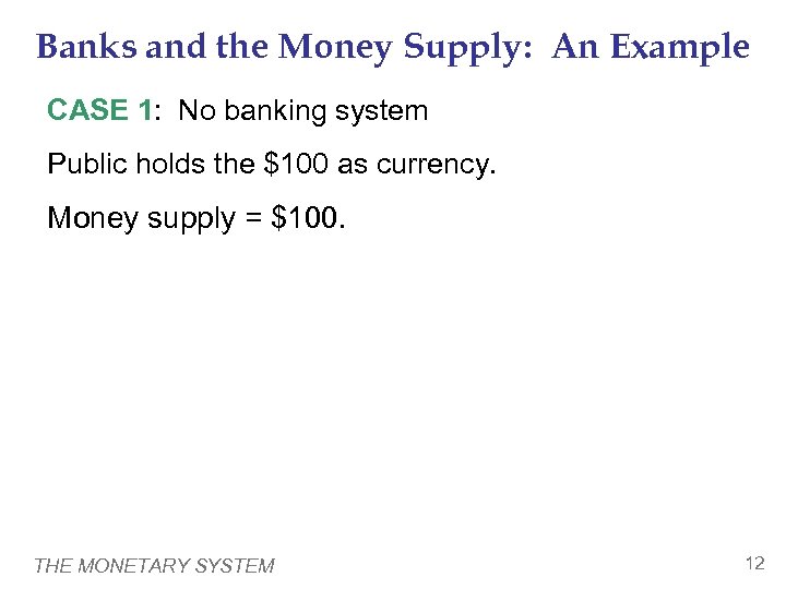 Banks and the Money Supply: An Example CASE 1: No banking system Public holds