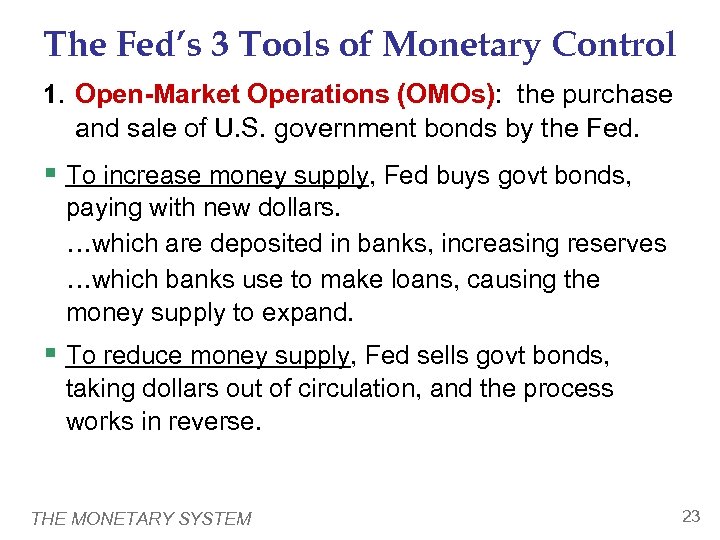 The Fed’s 3 Tools of Monetary Control 1. Open-Market Operations (OMOs): the purchase and