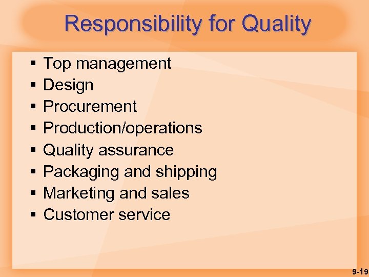 Responsibility for Quality § § § § Top management Design Procurement Production/operations Quality assurance