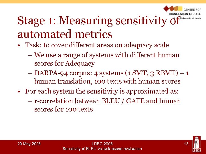 Stage 1: Measuring sensitivity of automated metrics • Task: to cover different areas on