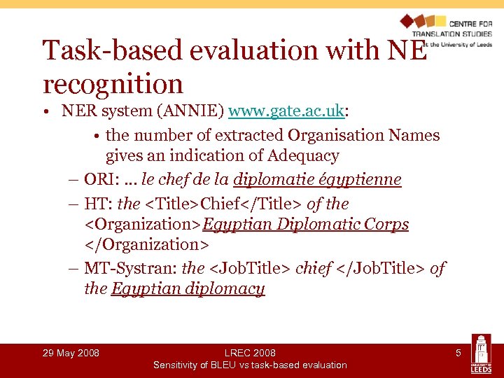 Task-based evaluation with NE recognition • NER system (ANNIE) www. gate. ac. uk: •