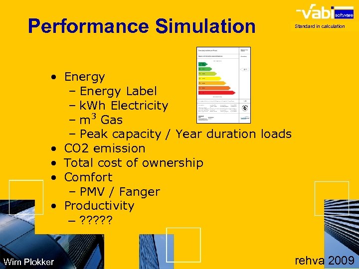 Performance Simulation Standard in calculation • Energy – Energy Label – k. Wh Electricity