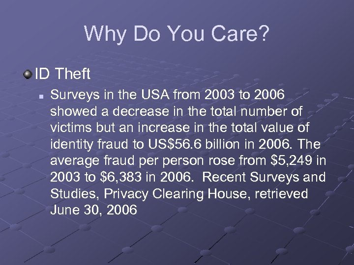 Why Do You Care? ID Theft n Surveys in the USA from 2003 to