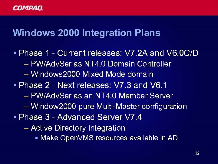 Windows 2000 Integration Plans § Phase 1 - Current releases: V 7. 2 A