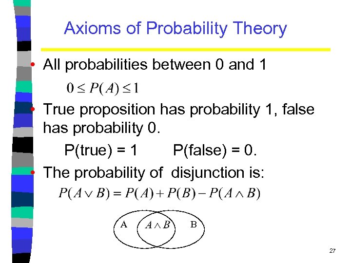 Axioms of Probability Theory • All probabilities between 0 and 1 • True proposition