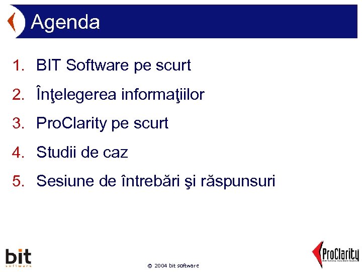 Agenda 1. BIT Software pe scurt 2. Înţelegerea informaţiilor 3. Pro. Clarity pe scurt