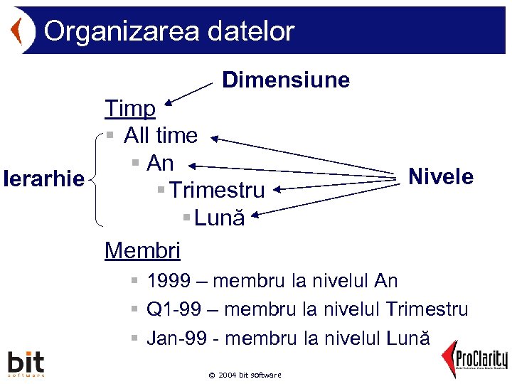 Organizarea datelor Dimensiune Timp § All time § An Ierarhie § Trimestru § Lună