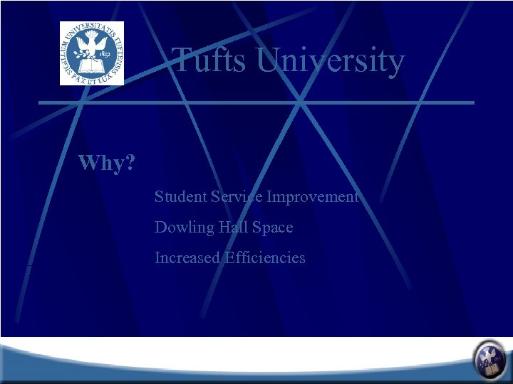 Tufts University Why? Student Service Improvement Dowling Hall Space Increased Efficiencies 