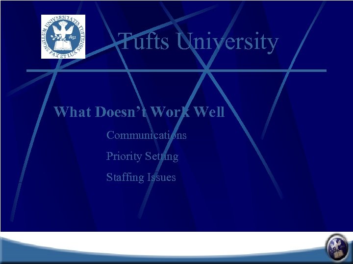 Tufts University What Doesn’t Work Well Communications Priority Setting Staffing Issues 