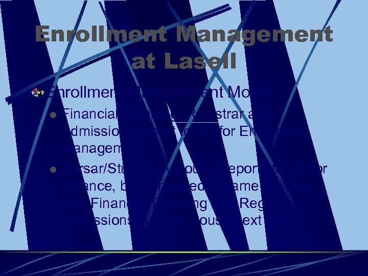 Enrollment Management at Lasell Enrollment Management Model: Financial Planning, Registrar and Admissions report to