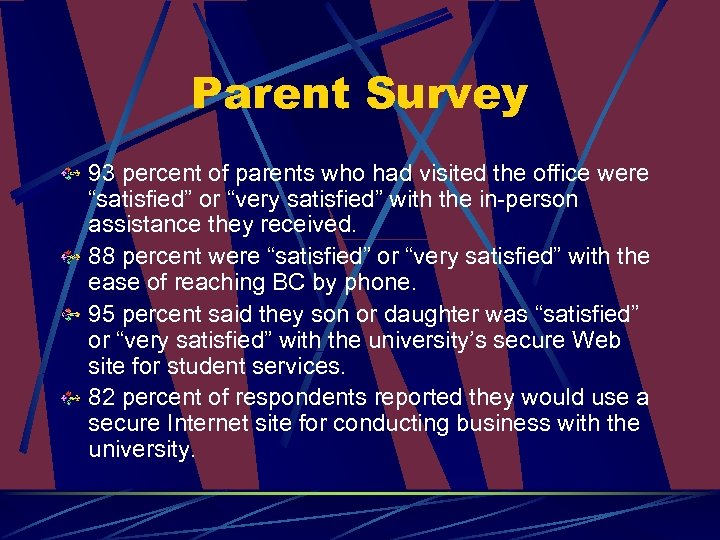 Parent Survey 93 percent of parents who had visited the office were “satisfied” or