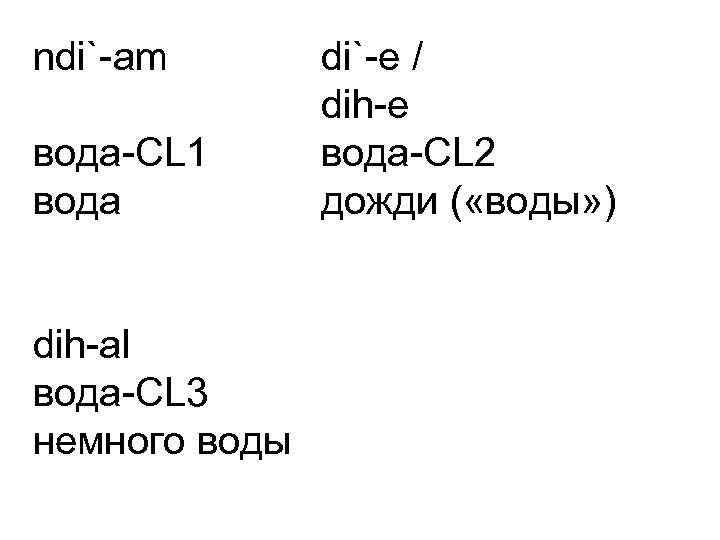 ndi`-am вода-CL 1 вода dih-al вода-CL 3 немного воды di`-e / dih-e вода-CL 2
