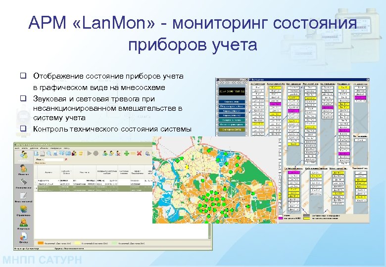АРМ «Lan. Mon» - мониторинг состояния приборов учета q Отображение состояние приборов учета в